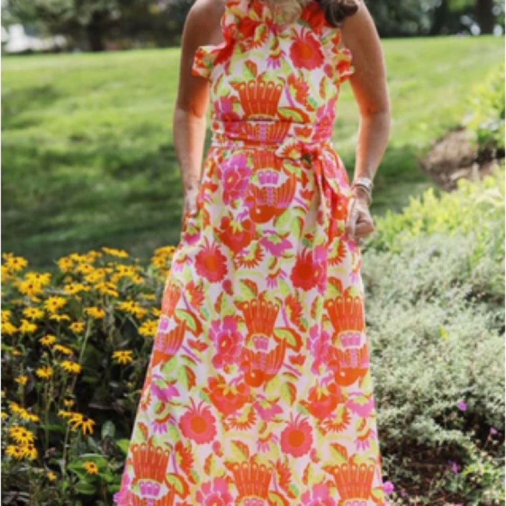 Pink and Orange Halter Maxi Dress for Wedding Guests